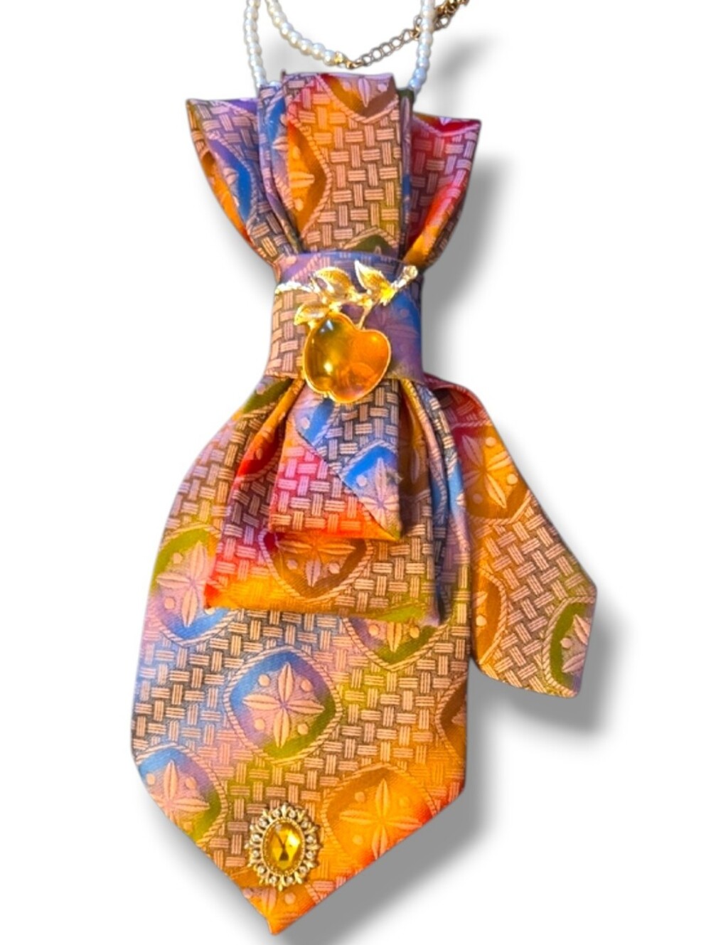 3/$60 Elegant Multicolor Rainbow Cravat with Gold Apple Accent